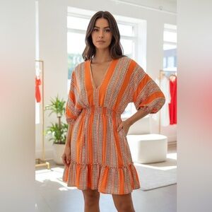 Taylor Orange Printed V-Neck Ruffle Hem Dress L Puff Sleeve Waist Stretch